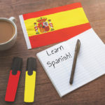 Spain national flag with Latin Spanish Inscription
