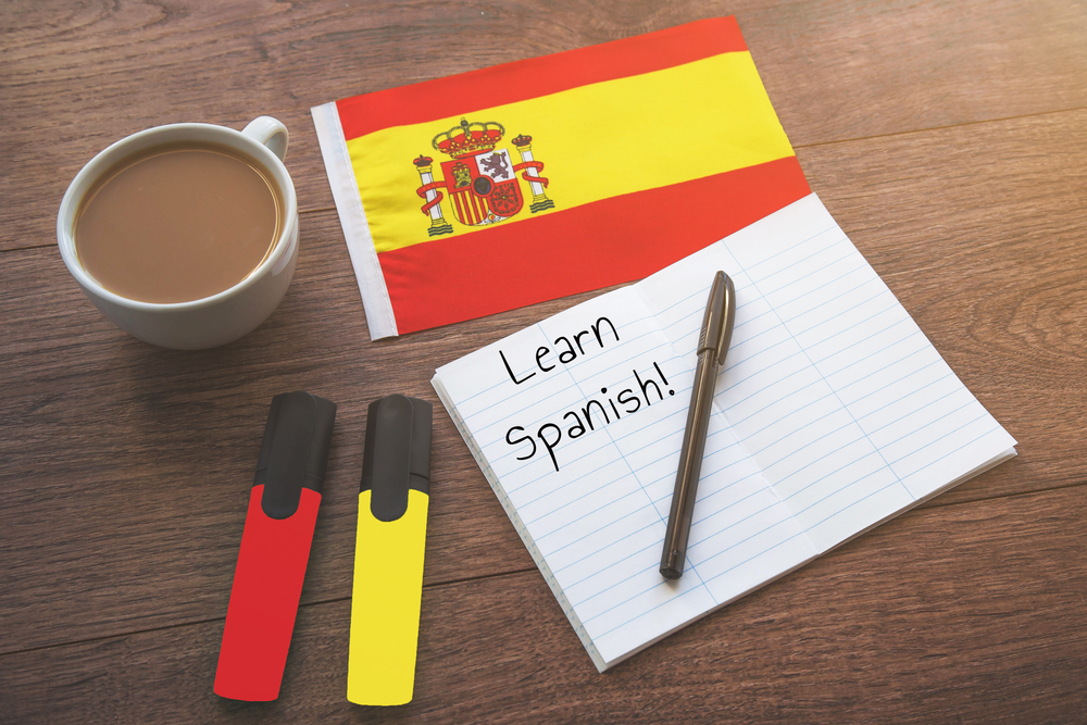 Spain national flag with Latin Spanish Inscription